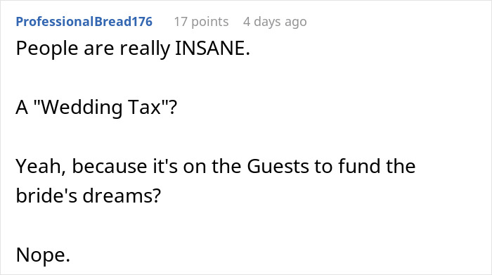 Text post discussing the concept of a "wedding tax," questioning the expectation for guests to fund a bride's dreams.