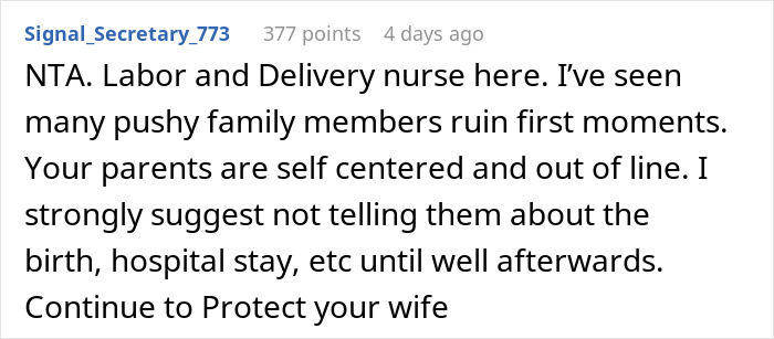 Reddit comment discussing family dynamics and advice on protecting personal moments with a new baby.