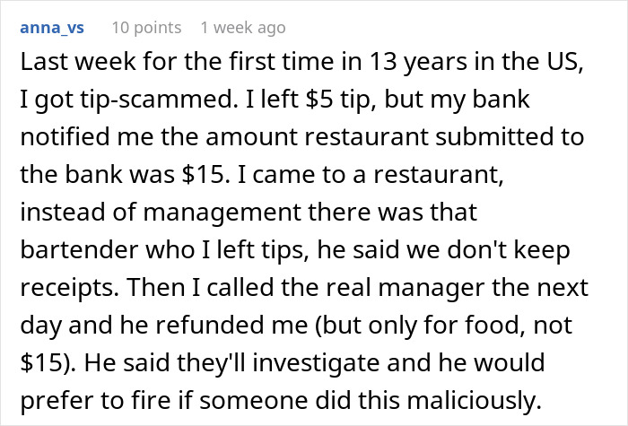 Text describing a customer's experience with a stealth tip scam by a cashier.
