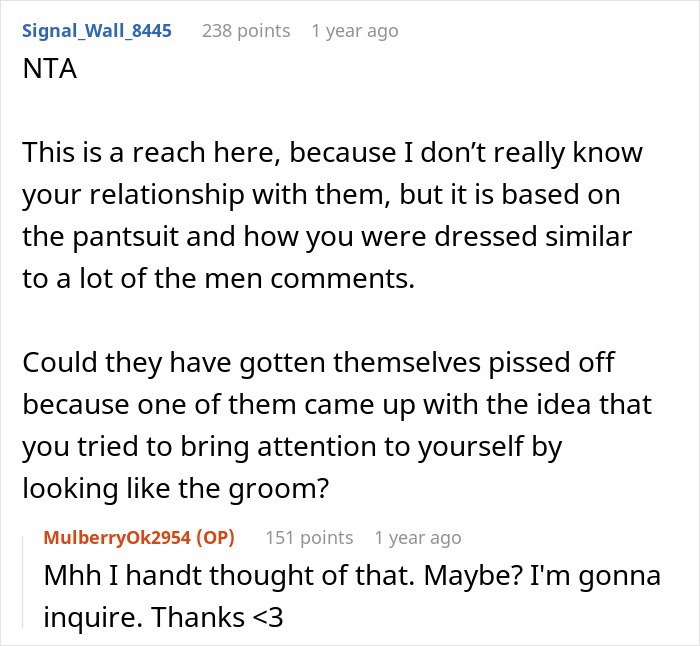 Reddit comment discussing wedding guest pantsuit outfit controversy.