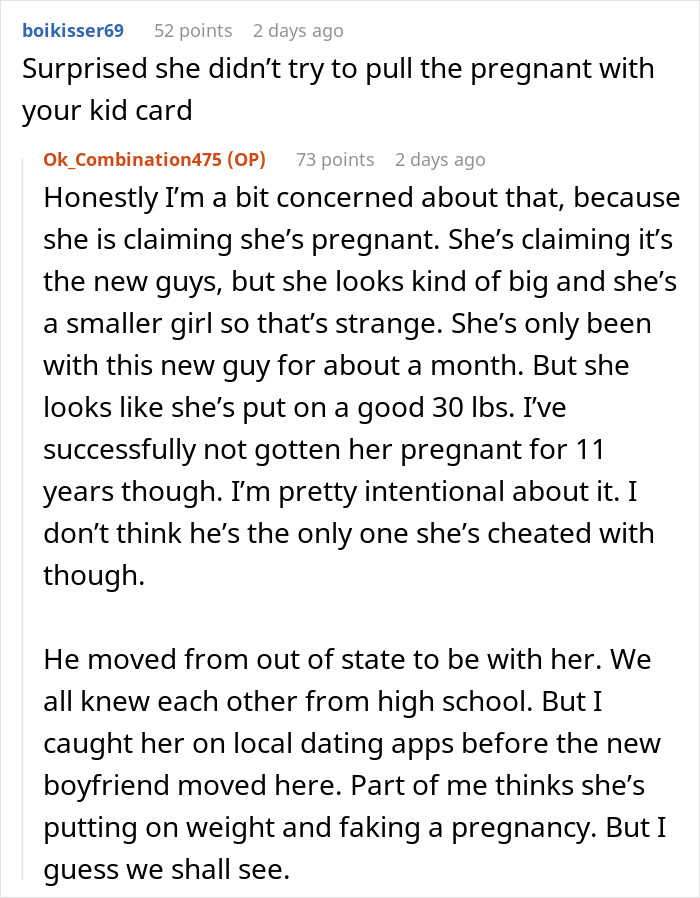Reddit conversation about entitlement and cheating, discussing pregnancy concerns. Reddit conversation about entitlement and cheating, discussing pregnancy concerns.