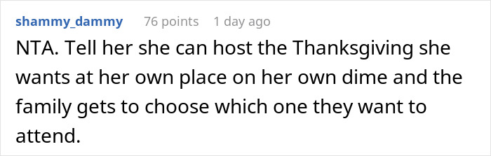 Reddit comment discussing Thanksgiving hosting options and family choices. Reddit comment discussing Thanksgiving hosting options and family choices.