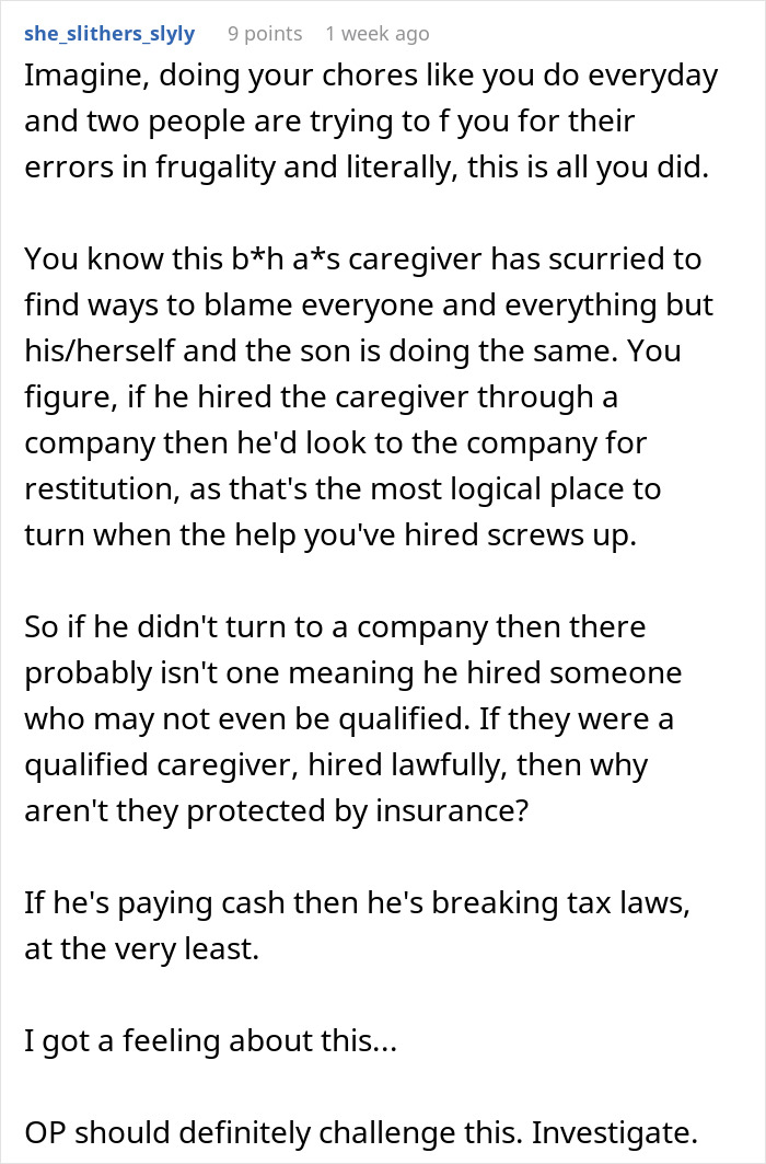 Discussion text about legal responsibility and caregiving issues in Reddit forum.