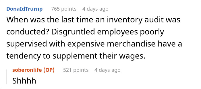 Reddit comment thread discussing employee supervision and inventory audits. Reddit comment thread discussing employee supervision and inventory audits.