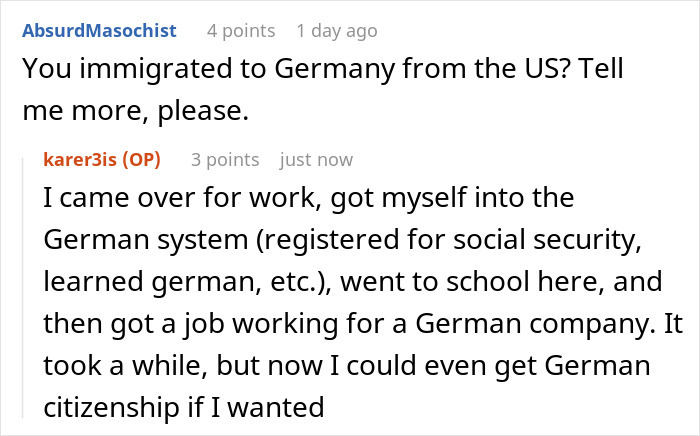 Text exchange discussing immigration from the US to Germany, highlighting integration steps taken.