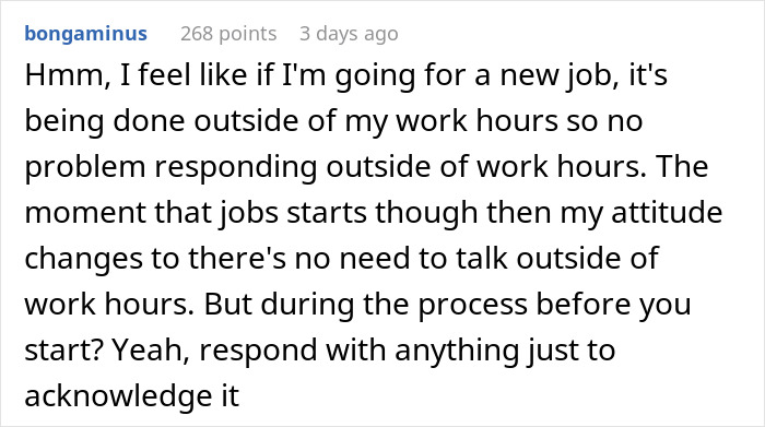 Text screenshot discussing work hours and responses before starting a new job.