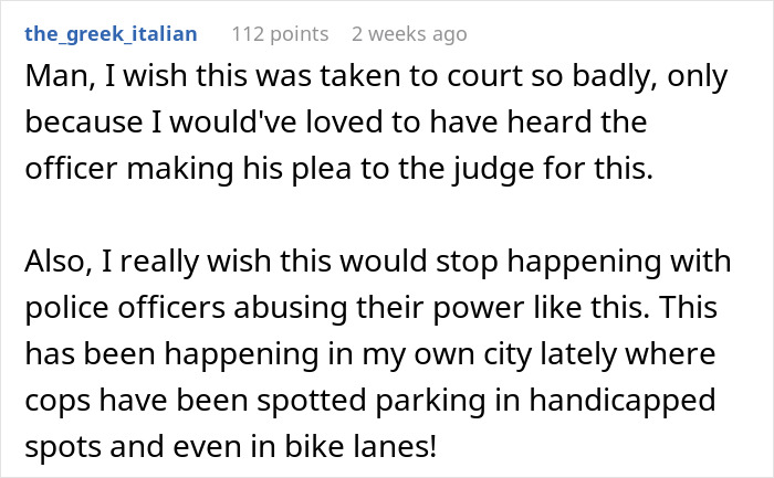 Comment discussing police parking in handicapped spots and power abuse.