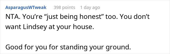 Reddit comment supporting a man for uninviting brother's girlfriend from dinner due to her rudeness.