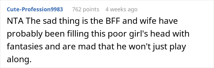 Reddit comment discussing family drama over dad supporting son not interested in family friend&rsquo;s daughter.