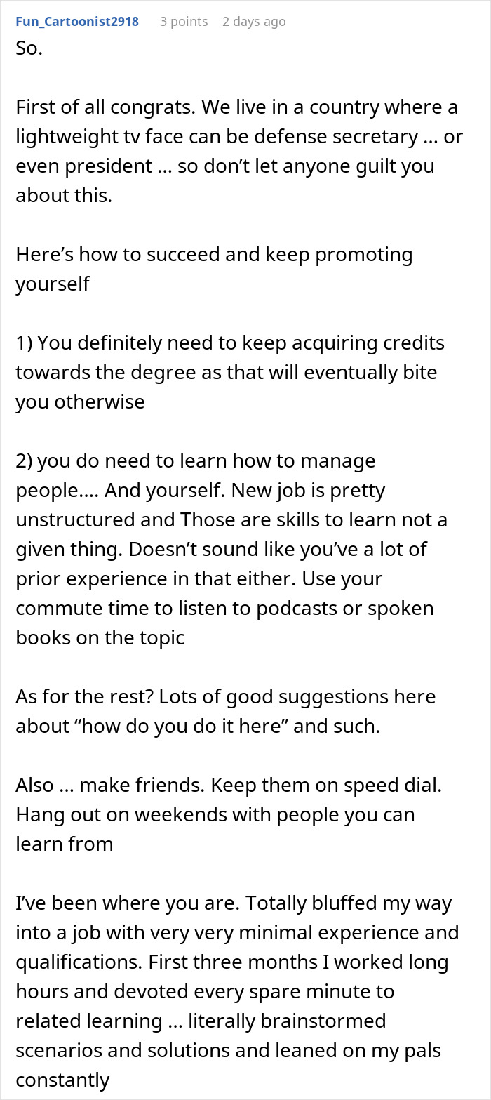 Text post about lying on a resume for a finance job, with advice on managing people and gaining skills.