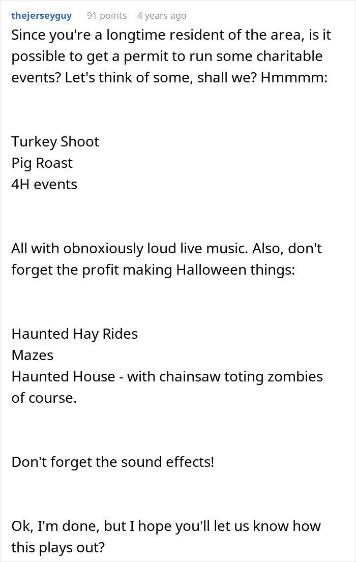 Text conversation humorously suggesting events like Turkey Shoot and Haunted Hay Rides to HOA.