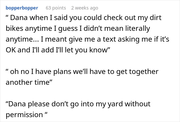 Text conversation about boundaries between HOA president and new resident.