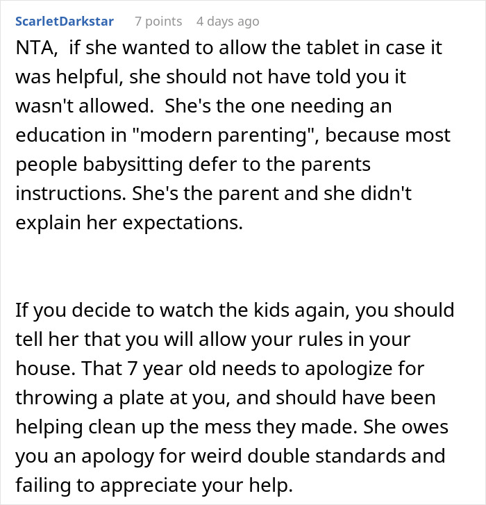 Comments discussing babysitter boundaries after nephew's behavior at dinner.