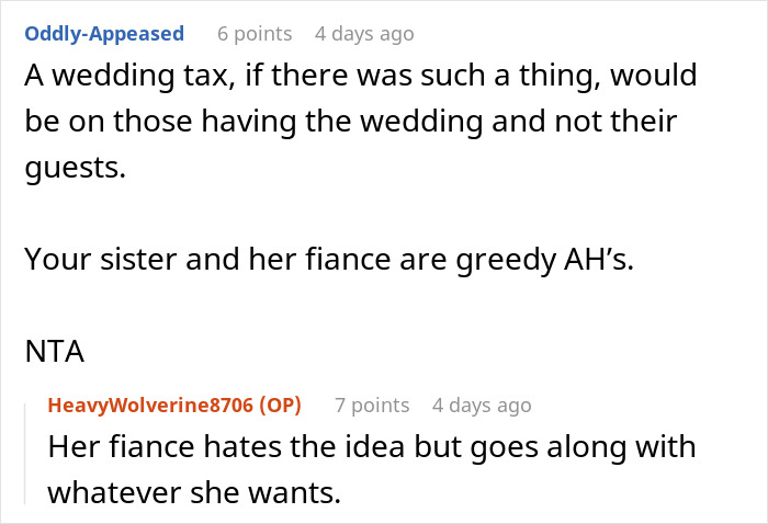 Text conversation discussing the concept of a wedding tax and calling the sister and fianc&eacute; greedy.