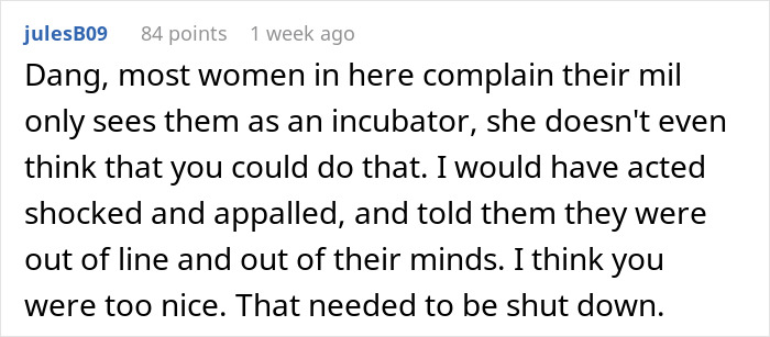 Comment on MIL's plan for SIL to carry future baby, expressing shock and disapproval. Comment on MIL's plan for SIL to carry future baby, expressing shock and disapproval.