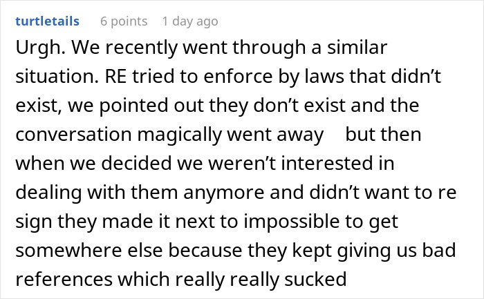 "Reddit comment on tenant overcoming landlord's unjust rules, highlighting lease agreements and fine print.