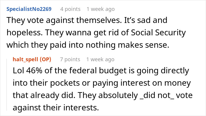 Reddit comments discussing misconceptions about "free money" and its impact on federal budget and social security.