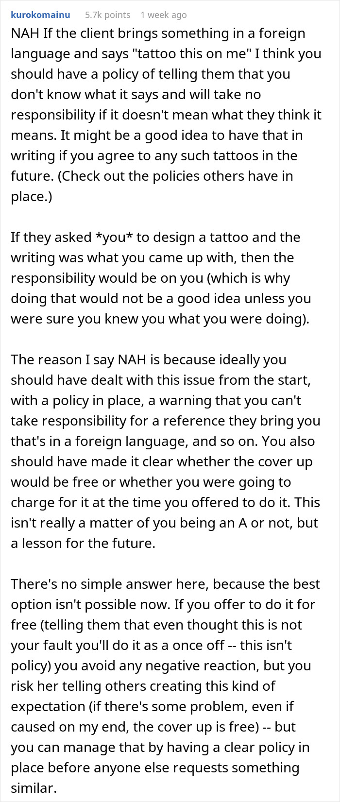 Tattoo advice discussion about a woman getting a meme inked by mistake.