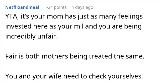 Forum comment discussing mother-in-law's feelings about meeting the baby.