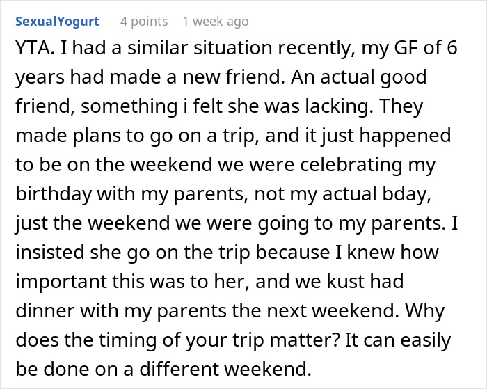 Reddit comment about family tradition and friendship conflict.