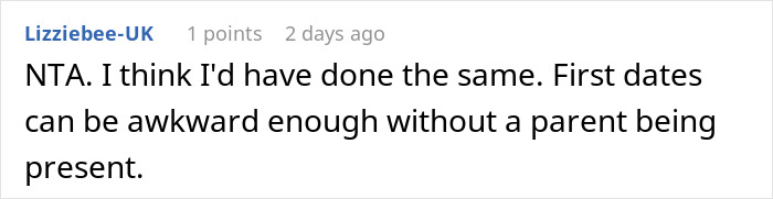 Text comment discussing awkwardness of first dates with a parent present.