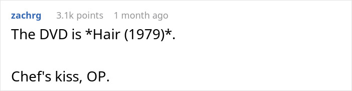 Online comment referencing the film 'Hair (1979)' with a humorous remark. Online comment referencing the film 'Hair (1979)' with a humorous remark.