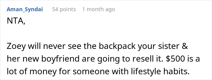 Text from a Reddit comment about not giving away a child’s rare backpack. Text from a Reddit comment about not giving away a child’s rare backpack.