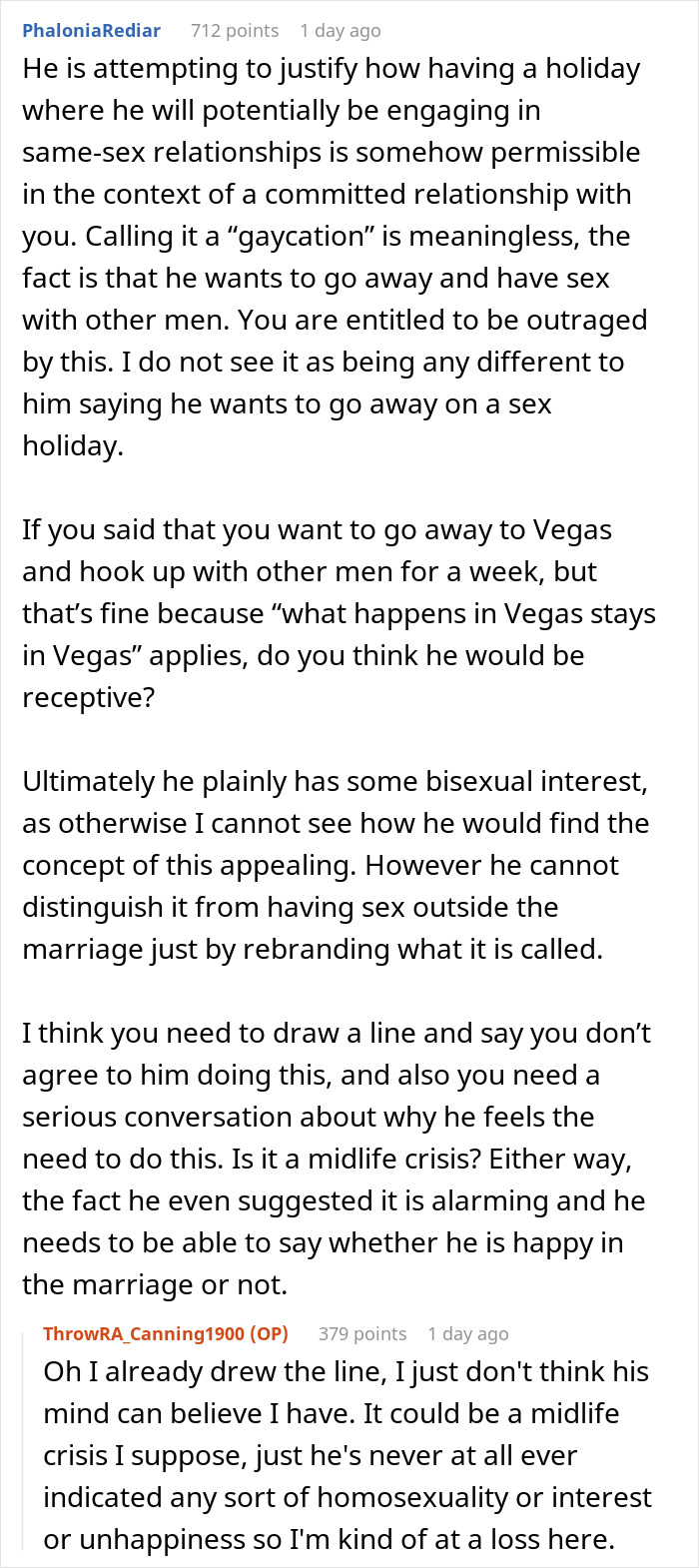 Reddit comments discussing a man's request for a "gaycation" and its impact on his relationship.