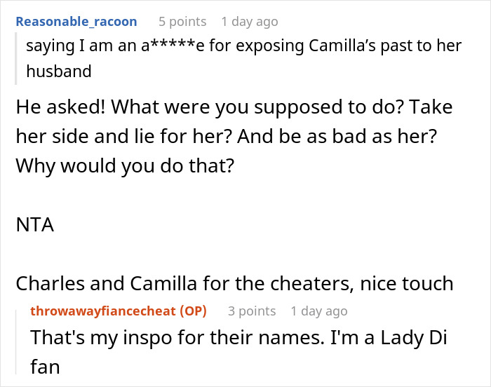 Reddit comments discussing a woman exposing a mistress&rsquo;s past to her husband.