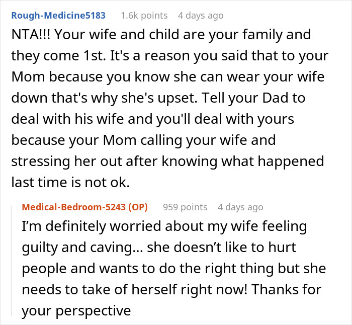 Two Reddit comments discussing family dynamics and the decision regarding meeting a baby.