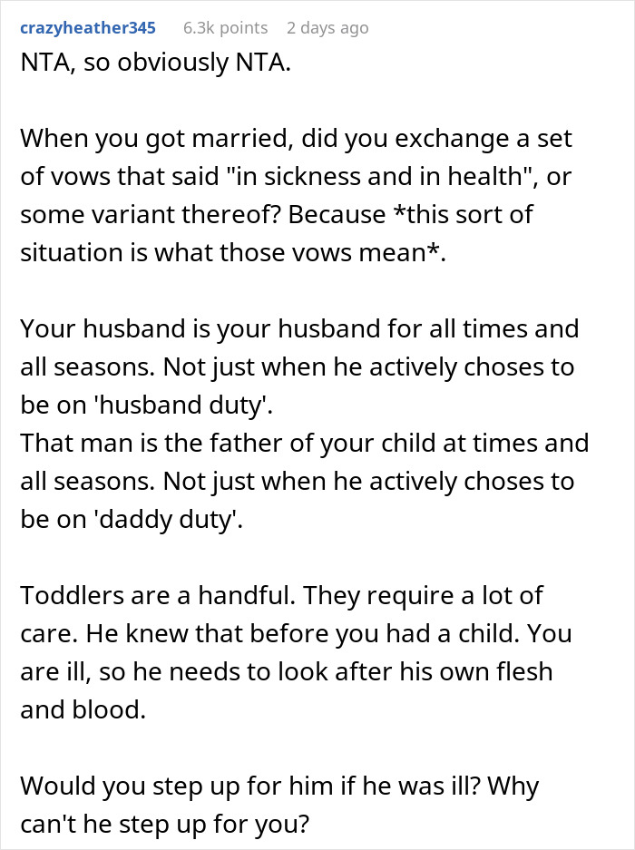 Reddit comment discussing marital vows and responsibility, focusing on husband-wife dynamics during illness.