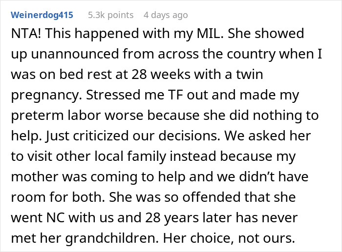 Text comment about MIL's reaction to a woman's decision and family conflict over meeting the baby.