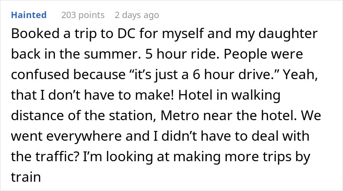 Text discussing a train's "scenic route" and positive travel experience to DC. Text discussing a train's "scenic route" and positive travel experience to DC.