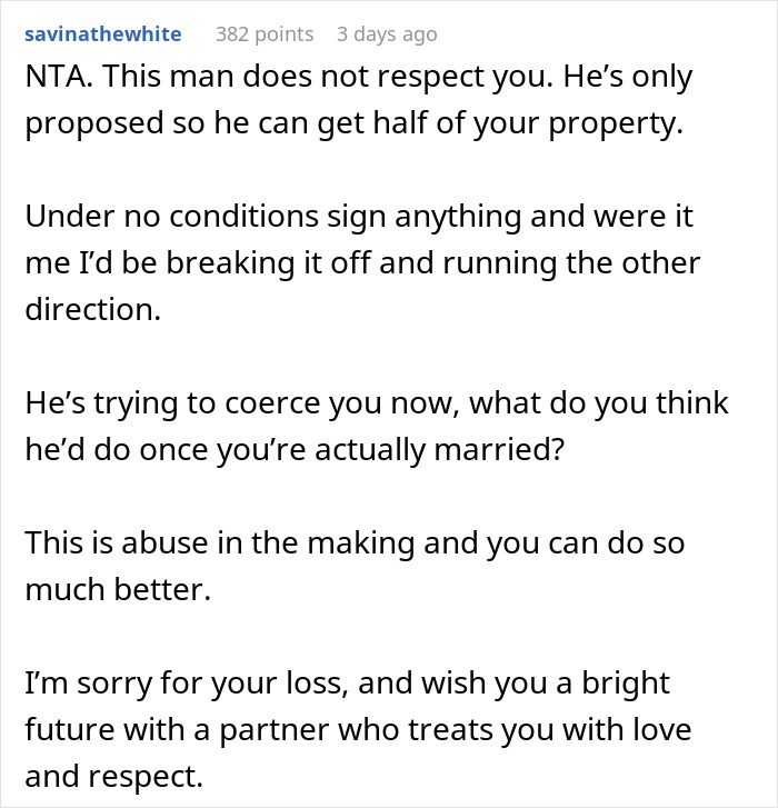 Text response about a woman's house ownership, advising against sharing property.