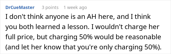 Reddit comment discussing reasonable pricing for a tattoo mistake, suggesting a lesson was learned.