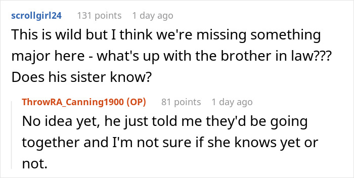 Screenshot of Reddit comments discussing a husband's gaycation request, including concerns about a brother-in-law.