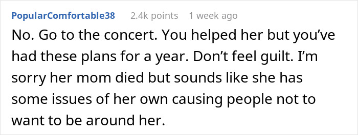 Woman Expects Her SIL To Pause Her Life As Her Mom Died, Can’t Believe She’s Going To A Concert Woman Expects Her SIL To Pause Her Life As Her Mom Died, Can’t Believe She’s Going To A Concert