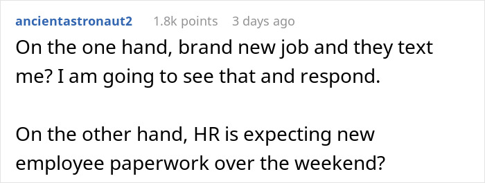 Text message dilemma before starting new job over weekend.