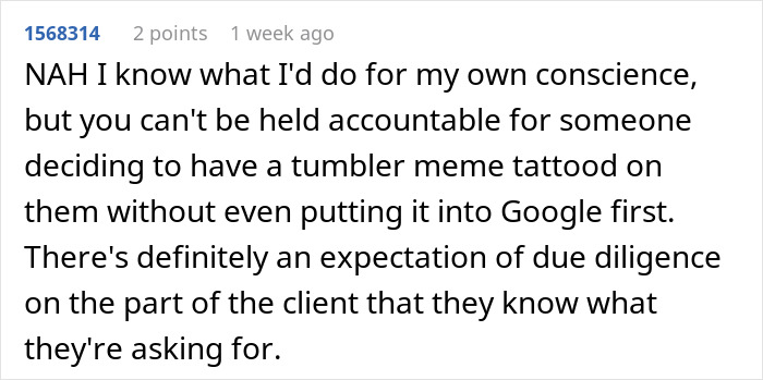 Comment discussing accountability for tattooing a meme without research.