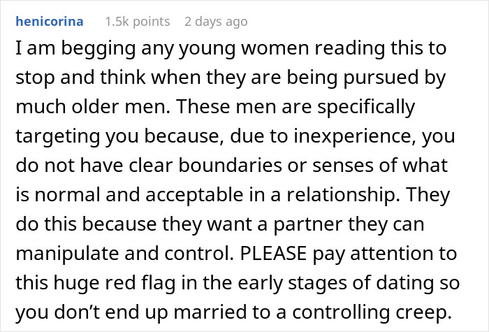 Screenshot of TikTok trend comment warning young women about older men targeting them for manipulation and control.