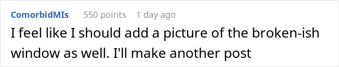 Reddit comment about adding a picture of a broken window. Reddit comment about adding a picture of a broken window.