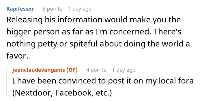 Screenshot of two Reddit comments discussing sharing information online, mentioning Nextdoor and Facebook.