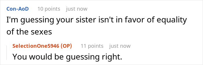 Text conversation about a sister's judgmental views on gender equality. Text conversation about a sister's judgmental views on gender equality.