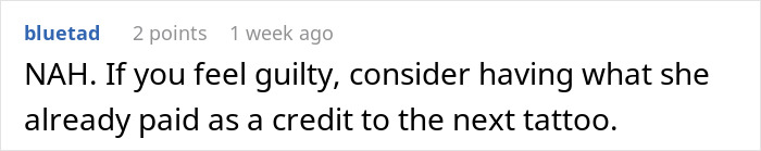 Reddit comment suggesting using paid amount as credit for a future tattoo.
