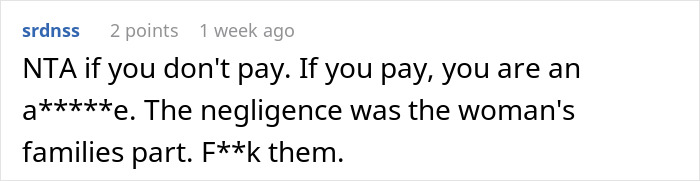 Comment discussing a woman's refusal to pay after her dog bit an intruder.