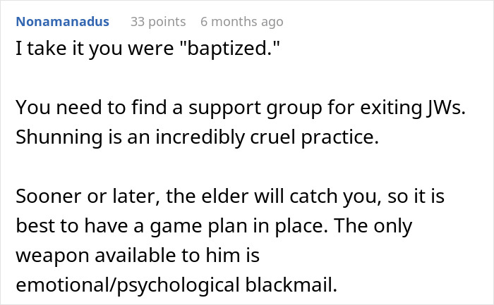 Text excerpt on emotional support and strategies for exiting a religious group, related to divorce context. Text excerpt on emotional support and strategies for exiting a religious group, related to divorce context.