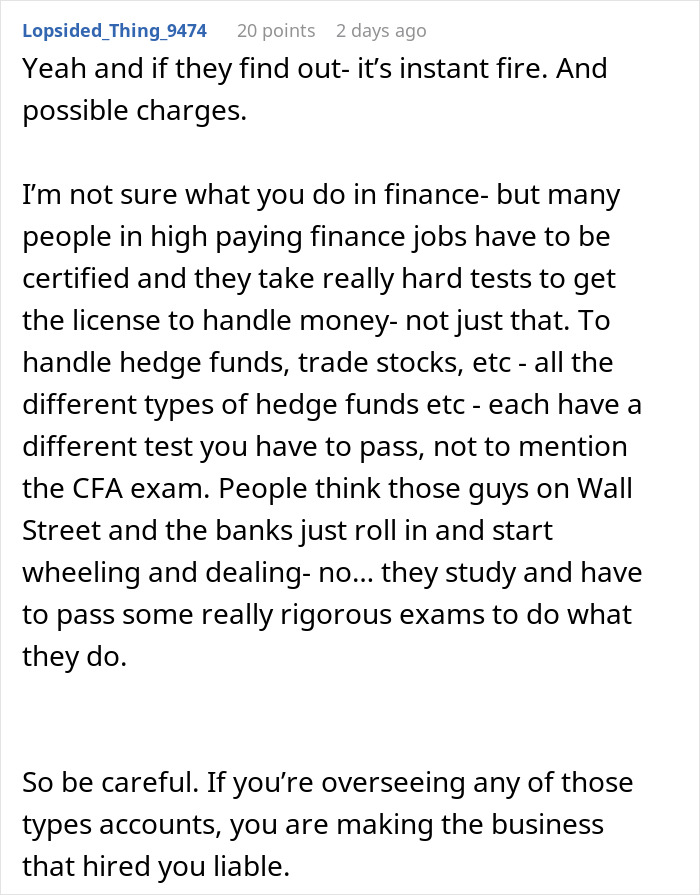 Reddit comment discussing finance jobs and the importance of certifications, exams, and integrity.