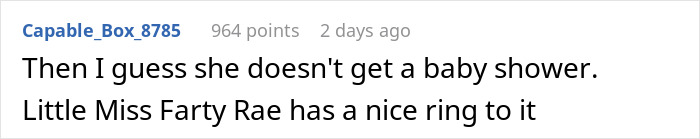 Reddit comment discussing a child's name, suggesting "Little Miss Farty Rae" humorously. Reddit comment discussing a child's name, suggesting "Little Miss Farty Rae" humorously.