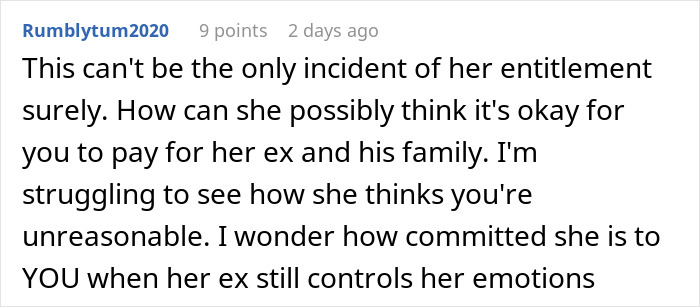 Comment questioning girlfriend's expectation for boyfriend to pay for her ex's family's Disney trip.