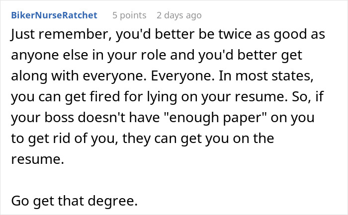 Text discussing consequences of lying on a resume to get a finance job.